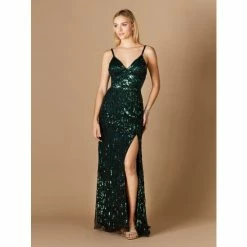 Lara Spaghetti Strap Beaded Gown With Slit - Black/Green Dresses