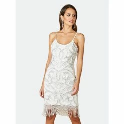 Lara 51040 - Fringed Spaghetti Strap Cocktail Dress Dresses White