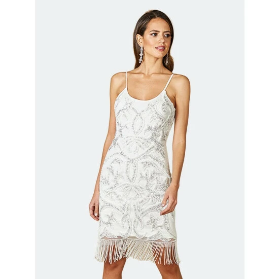 Lara 51040 - Fringed Spaghetti Strap Cocktail Dress Dresses White