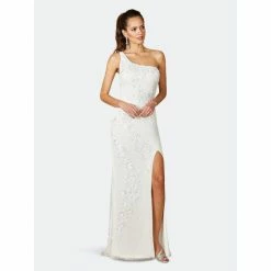 Lara 51081- One Shoulder Floral Beaded Gown Dresses Ivory