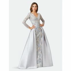Lara 29468 - Long Sleeve Lace Gown With Removable Over Skirt Dresses Silver/multi