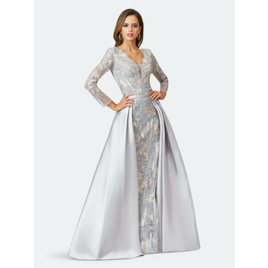 Lara 29468 - Long Sleeve Lace Gown With Removable Over Skirt Dresses Silver/multi