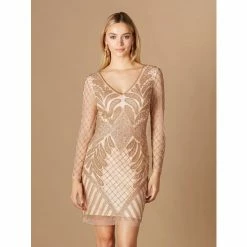 Lara Long Sleeve Beaded Cocktail Dress - Rose Gold Dresses