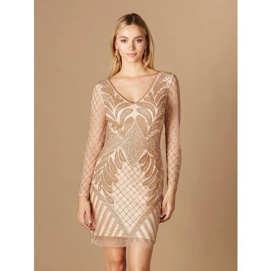 Lara Long Sleeve Beaded Cocktail Dress - Rose Gold Dresses