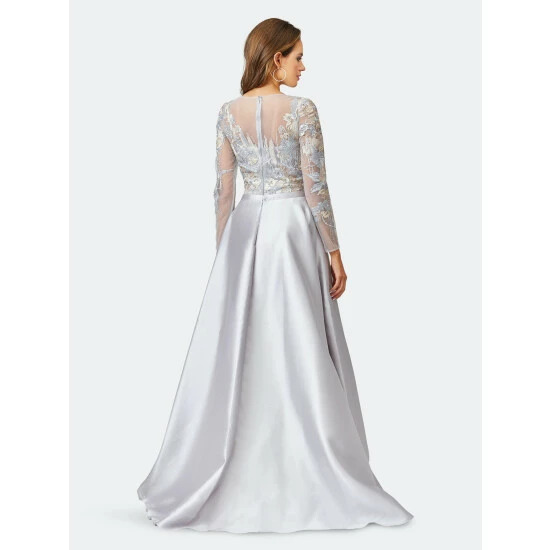 Lara 29468 - Long Sleeve Lace Gown With Removable Over Skirt Dresses Silver/multi - Image 2