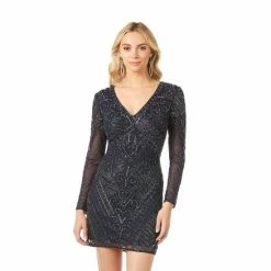 Lara Long Sleeve V-Neck Beaded Cocktail Dress In Navy Dresses