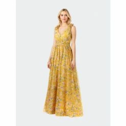 Lara V-Neck Long Print Gown With Straps Dresses Yellow Print