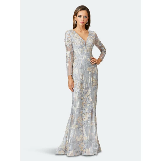 Lara 29468 - Long Sleeve Lace Gown With Removable Over Skirt Dresses Silver/multi - Image 3