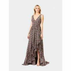 Lara V-Neck Long Print Gown Hi-Low Wrap Dresses Black Print