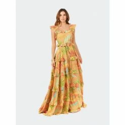 Lara Ruffle Printed Gown With Straps Dresses Yellow Print