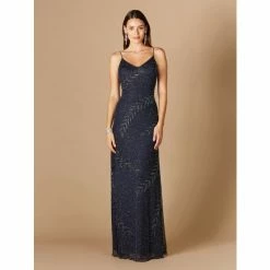 Lara Beaded Spaghetti Strap Navy Full-Length Gown Dresses