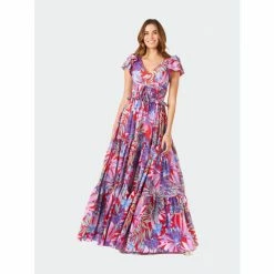 Lara V-Neck Long Print Gown With Cap Sleeves Dresses Multi