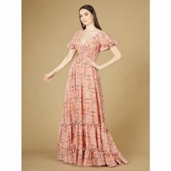Lara Long Print Gown With Cap Sleeves Dresses Pink Print