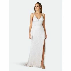 Lara 51065- All Over Sequinned Gown With Slit Dresses Ivory