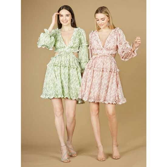 Lara V-Neck Long Sleeve Print Cocktail Short With Cutout And Lace Up Back Dresses Blush Print - Image 3