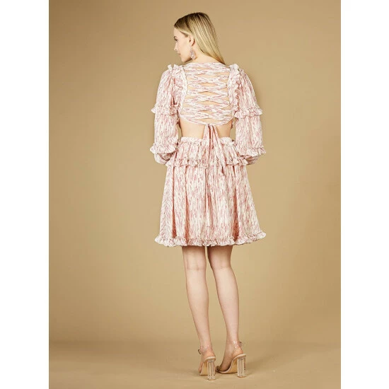 Lara V-Neck Long Sleeve Print Cocktail Short With Cutout And Lace Up Back Dresses Blush Print - Image 4