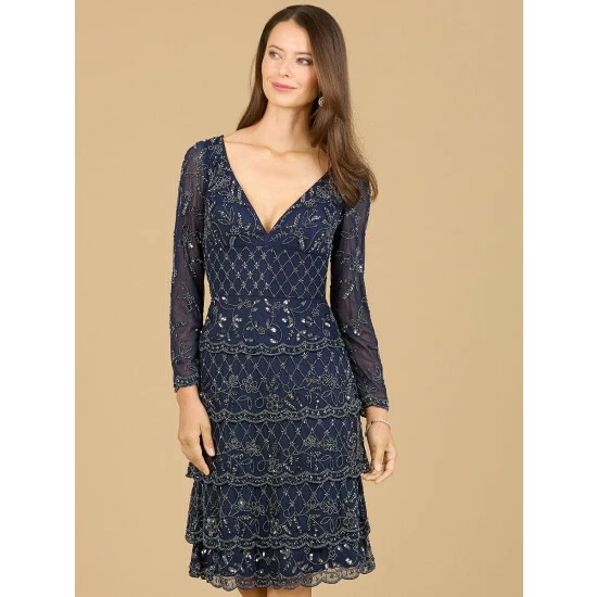 Lara Knee Length, Long Sleeve Cocktail Dress Dresses Navy