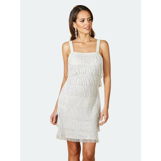Lara 51025 - Short Beaded Fringe White Dress Dresses