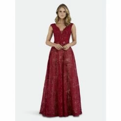 Lara 33598 - Sleeveless Beaded Ball Gown Dresses Red
