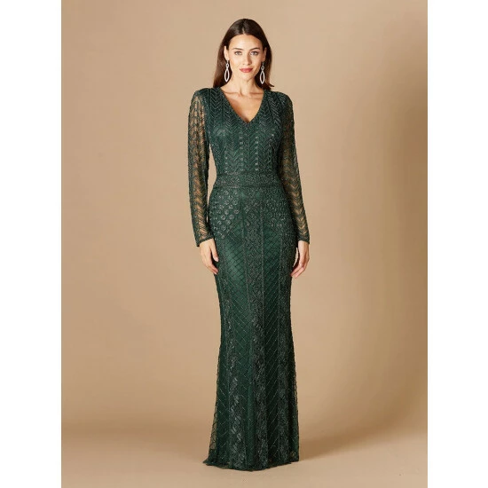 Lara 29365 - Long Sleeve Beaded Dress Dresses Green