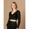 Lara 29306 - Long Sleeve V-Neck Beaded Top Tops Black