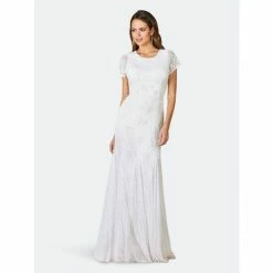 Lara 51068- Cap Sleeve Floral Beaded Gown Dresses Ivory