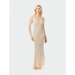 Lara Fitted Long Sleeve Beaded Gown Dresses Ivory/nude