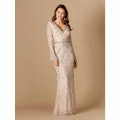 Lara 29358 - Long Bell Sleeve V-Neck Beaded Gown Dresses Blush