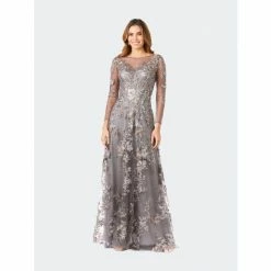 Lara 29327 - Long Sleeve Modest Lace Gown Dresses Grey