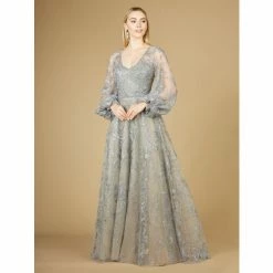 Lara 29229 - V Neckline Balloon Sleeve Gown Dresses Slate