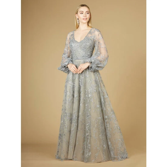 Lara 29229 - V Neckline Balloon Sleeve Gown Dresses Slate