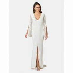 Lara 51085- Long Sleeve Beaded Gown With Slit Dresses Ivory