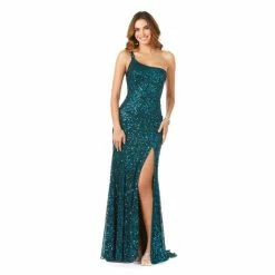 Lara One-Shoulder Beaded Gown With Slit Dresses Black