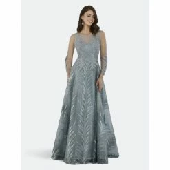 Lara High Neck Sheer Long Sleeve Embellished Gown Dresses Seafoam