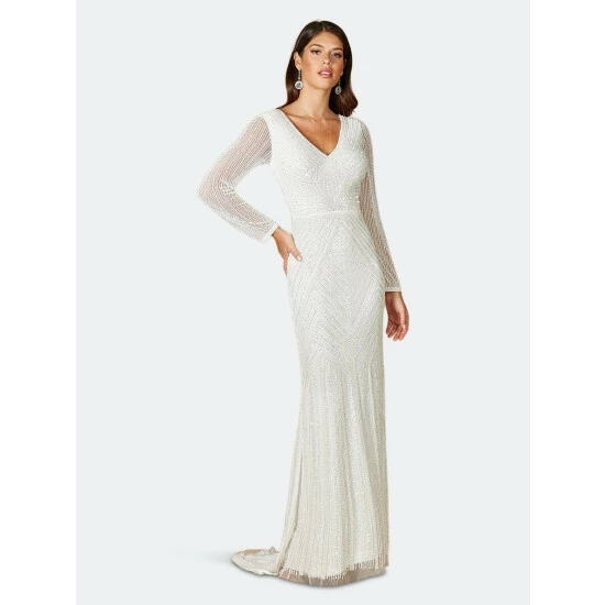 Lara 51088- Long Sleeve, Open Back Beaded Bridal Gown Dresses Ivory