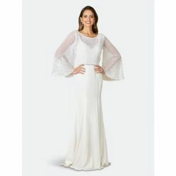Lara 51097- Beaded Top With Long Bell Sleeves Dresses Ivory