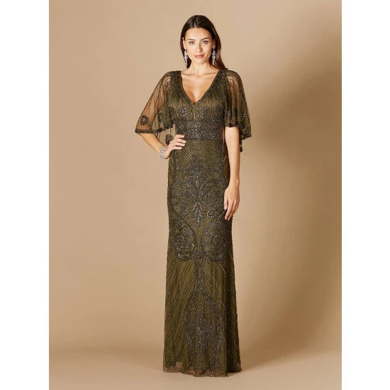 Lara Cape Sleeve V-Neck Beaded Gown Dresses Black