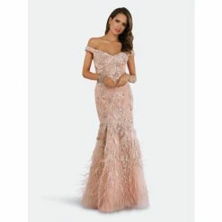 Lara 29632 - Mermaid Off Shoulder Dress With Feathers Dresses Blush
