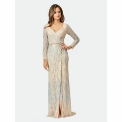 Lara 29467 - Long Sleeve Lace Gown With Wrap Skirt Dresses Champagne/multi