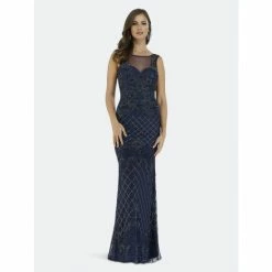 Lara 29538 - Illusion Neckline Long Dress Dresses Navy