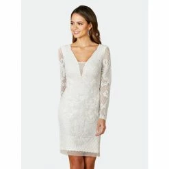 Lara 51052 - Long Sleeve Beaded Cocktail Dress Dresses Ivory