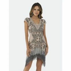 Lara 29609 - Beaded Fringe Short Cocktail Dress Dresses Blush