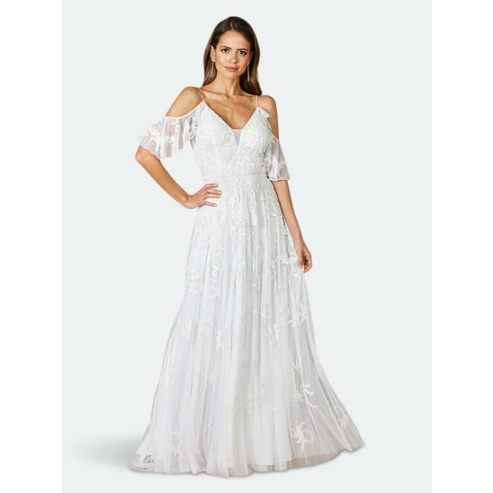 Lara 51064- Beaded A-line Gown With Flutter Sleeves Dresses Ivory - Image 3