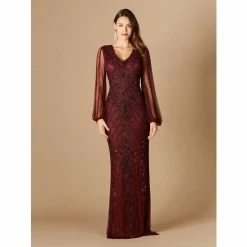 Lara Long Flutter Sleeves Beaded Dress Dresses Wine