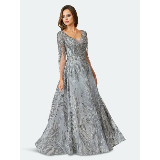 Lara 29469 - Long Sleeve Lace Ballgown Dresses Grey