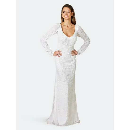 Lara 51079- Long Sleeve Beaded Gown Dresses Ivory