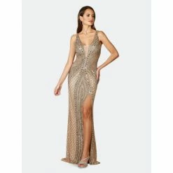 Lara 29499 - Embellished Long Dress With Thigh High Slit Dresses Nude