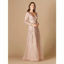 Lara 29326 - Long Sleeve V-Neck Lace Gown Dresses Blush