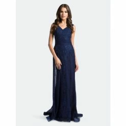 Lara 33628 - V Neck Beaded Lace Sheath Gown Dresses Navy
