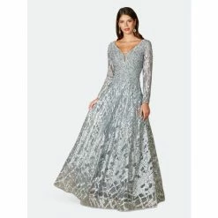 Lara 29476- Long Sleeve Lace Ballgown With V-Neckline Dresses Slate